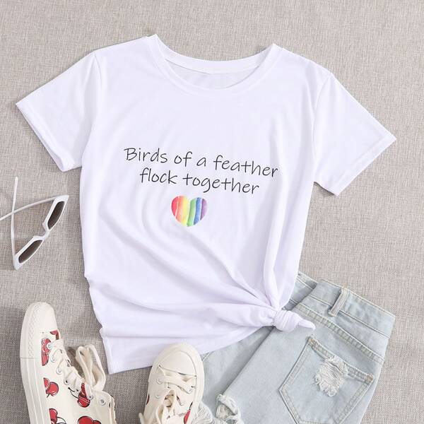 

Colorful Heart & Slogan Graphic Tee, White