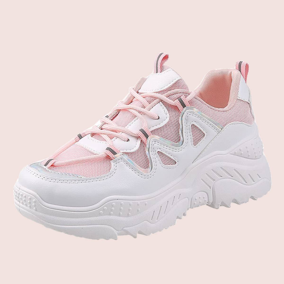 

Lace-up Mesh Chunky Sneakers, Pink