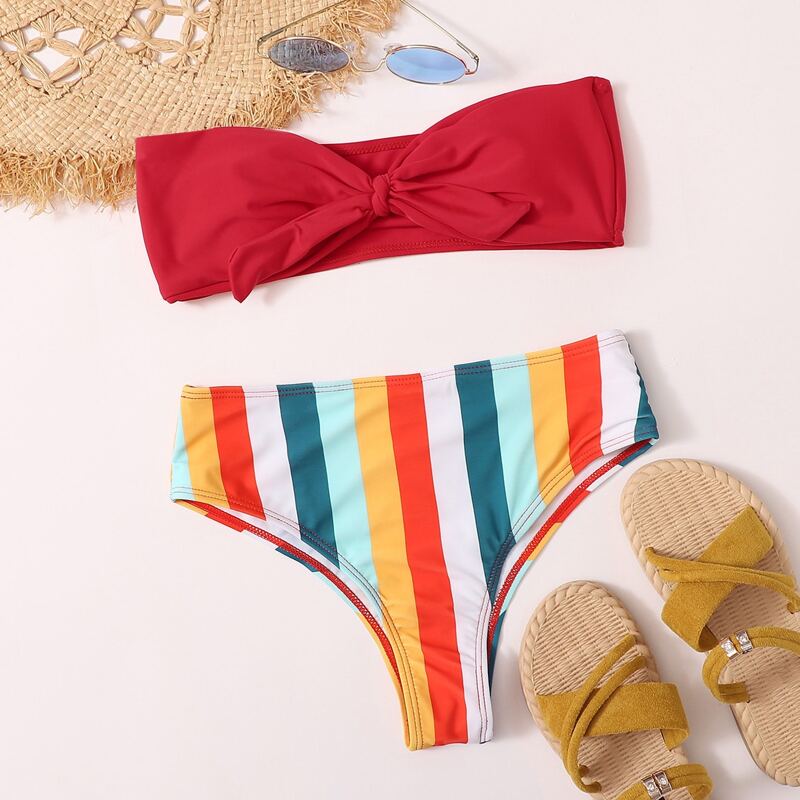 

Colorful Stripe Knot Front Bandeau Bikini Swimsuit, Multicolor