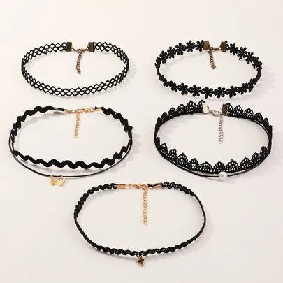 5 件黑色项链带吊坠，适合儿童日常佩戴