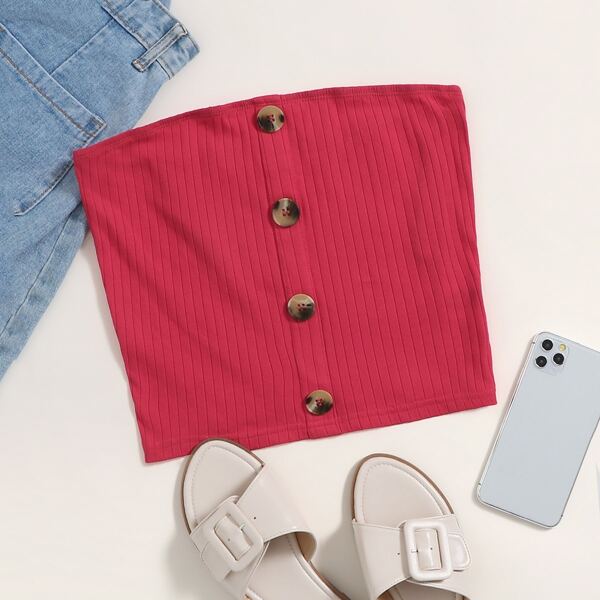 

Button Front Rib-knit Tube Top, Rose red