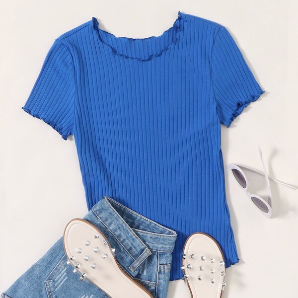 

Lettuce Trim Rib-knit Top, Blue