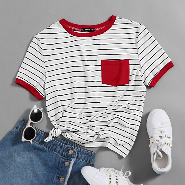 

Patch Pocket Striped Ringer Tee, White