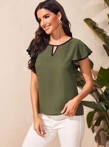 SHEIN Clasi 拼接滾邊鎖孔領飛袖上衣 - 軍綠色 - 查看 3