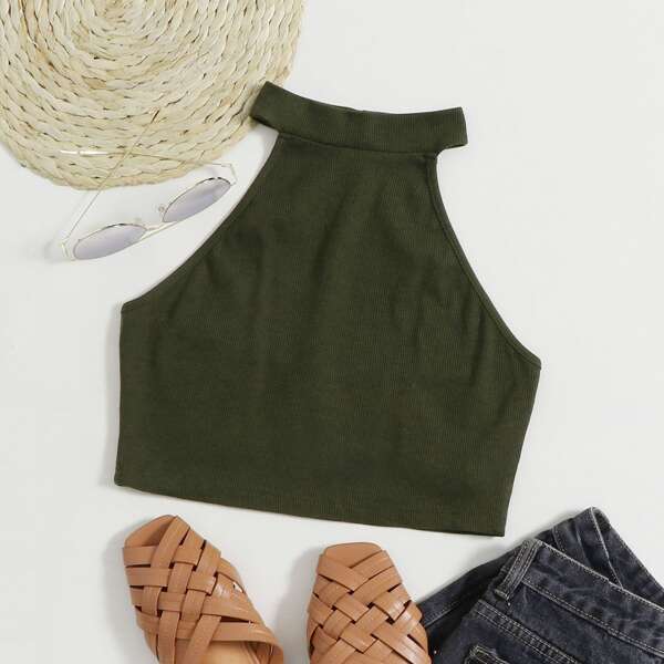 

Open Back Rib-knit Halter Top, Army green