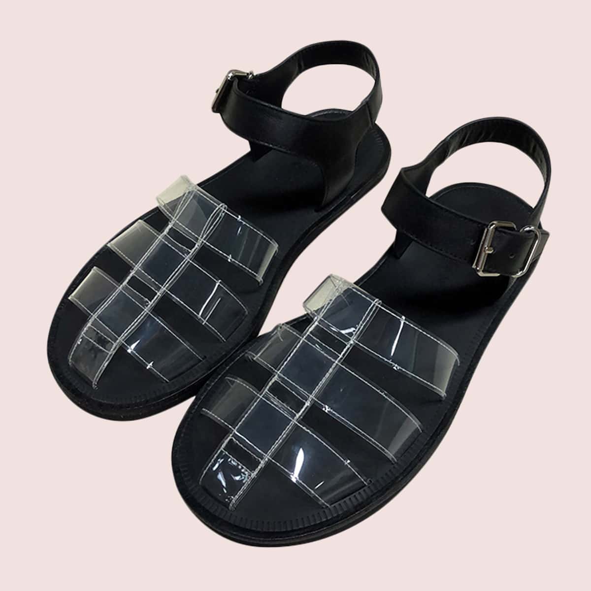 

Clear Strap Flat Sandals, Black