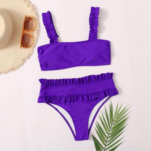

Frill Trim High Waisted Bikini Swimsuit, Violet purple