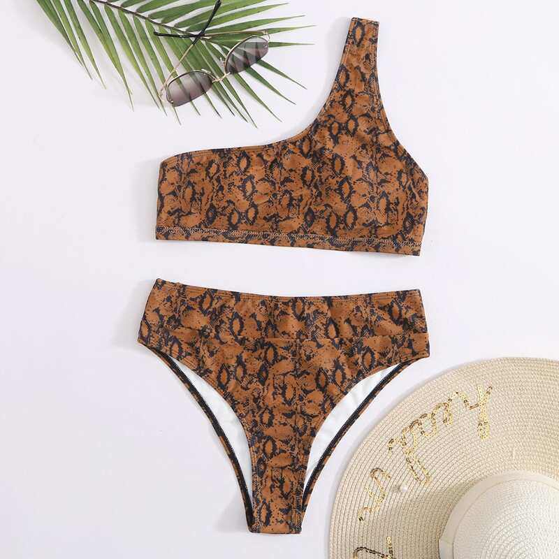 

Snakeskin One Shoulder Bikini Swimsuit, Brown