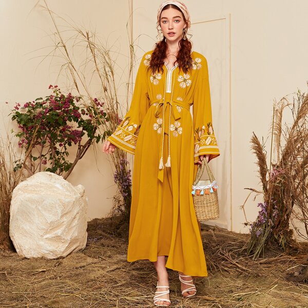 

Tassel Tie Front Floral Embroidered Lace Panel Belted Dress, Mustard yellow