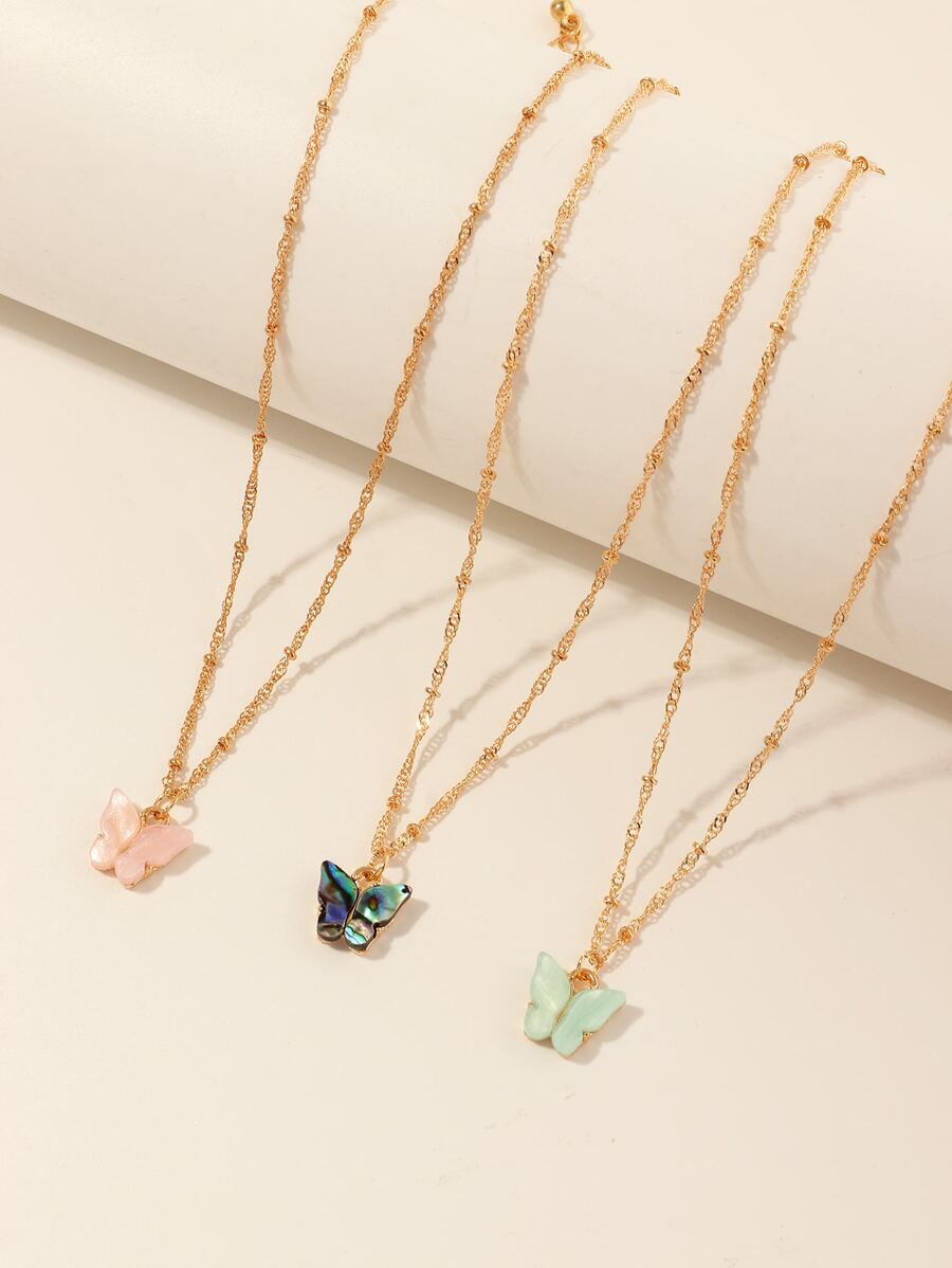 3入組蝴蝶吊墜項鍊 - 金黃色 - 查看 1