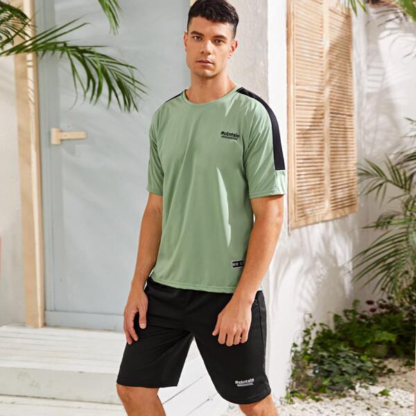 

Men Letter Embroidery Color-block Tee & Drawstring Track Shorts, Multicolor
