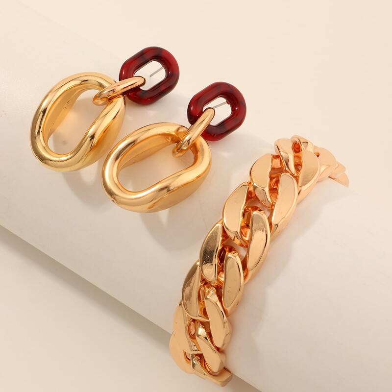 

3pcs Geo Design Earrings & Bracelet, Gold