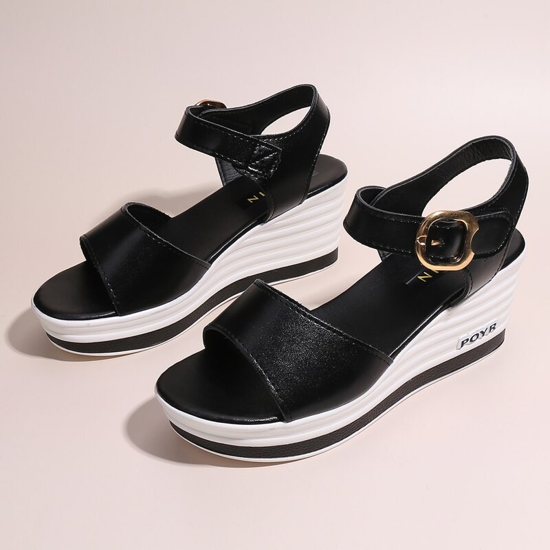 

Open Toe Buckle Decor Wedges, Black