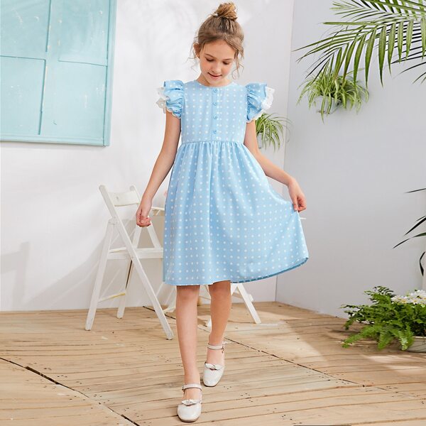 

Girls Ruffle Armhole Button Front Polka Dot Dress, Baby blue