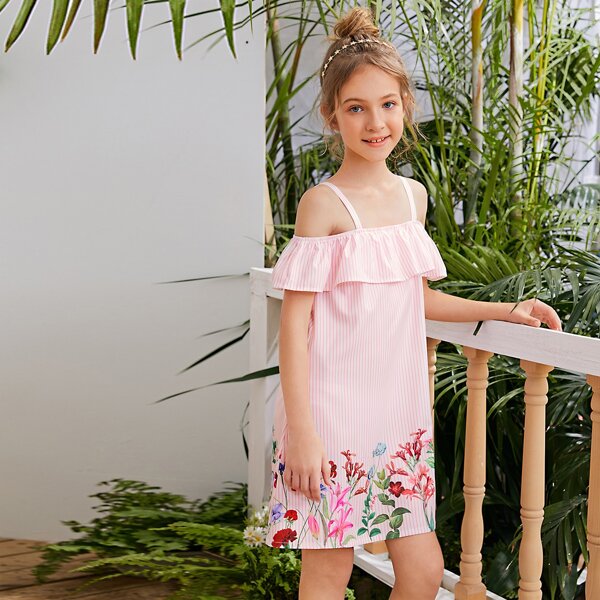

Girls Cold Shoulder Ruffle Trim Floral & Striped Dress, Baby pink