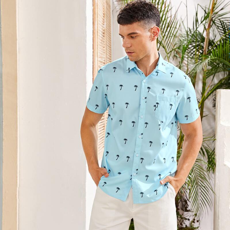 

Guys Allover Palm Tree Print Shirt, Blue