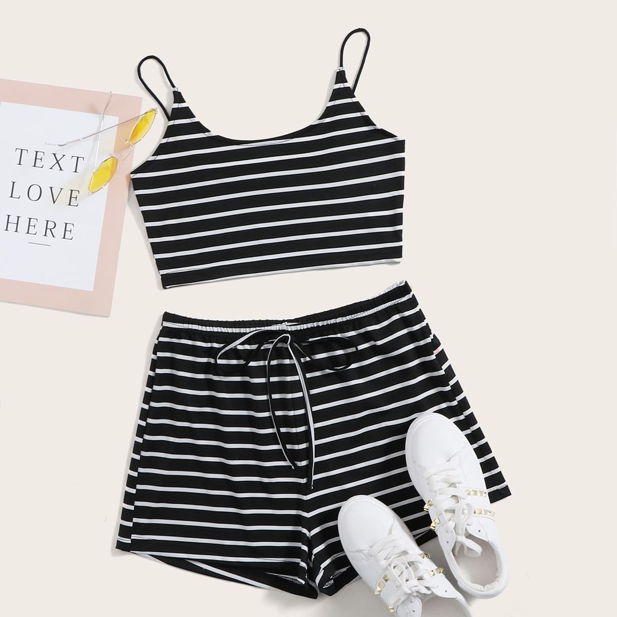 

Striped Crop Cami Top & Tie Waist Shorts Set, Black