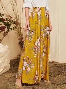 SHEIN Floral Print Maxi Skirt - Mustard Yellow - View 1