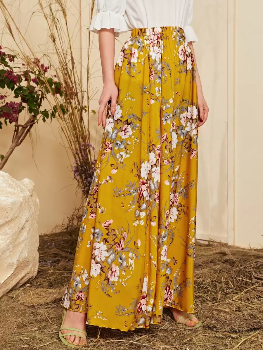 SHEIN Floral Print Maxi Skirt - Mustard Yellow - View 1