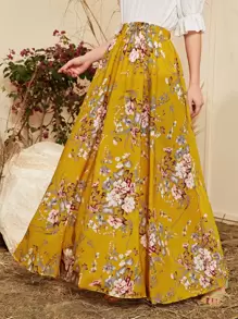 SHEIN Floral Print Maxi Skirt - Mustard Yellow - View 3