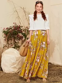 SHEIN Floral Print Maxi Skirt - Mustard Yellow - View 4