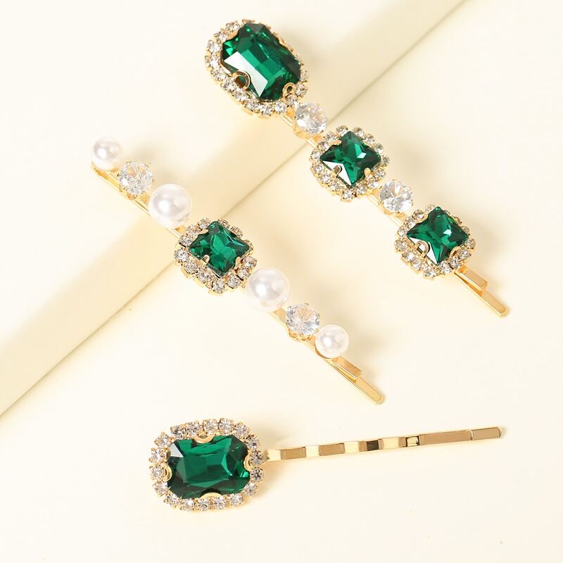 

3pcs Gemstone Decor Hair Clip, Green