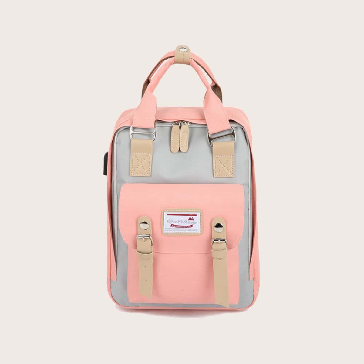 

Colorblock Buckle Backpack, Baby pink