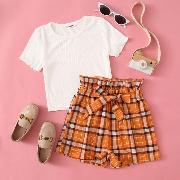 

Girls Lettuce Edge Tee and Paperbag Waist Tartan Shorts Set, Multicolor