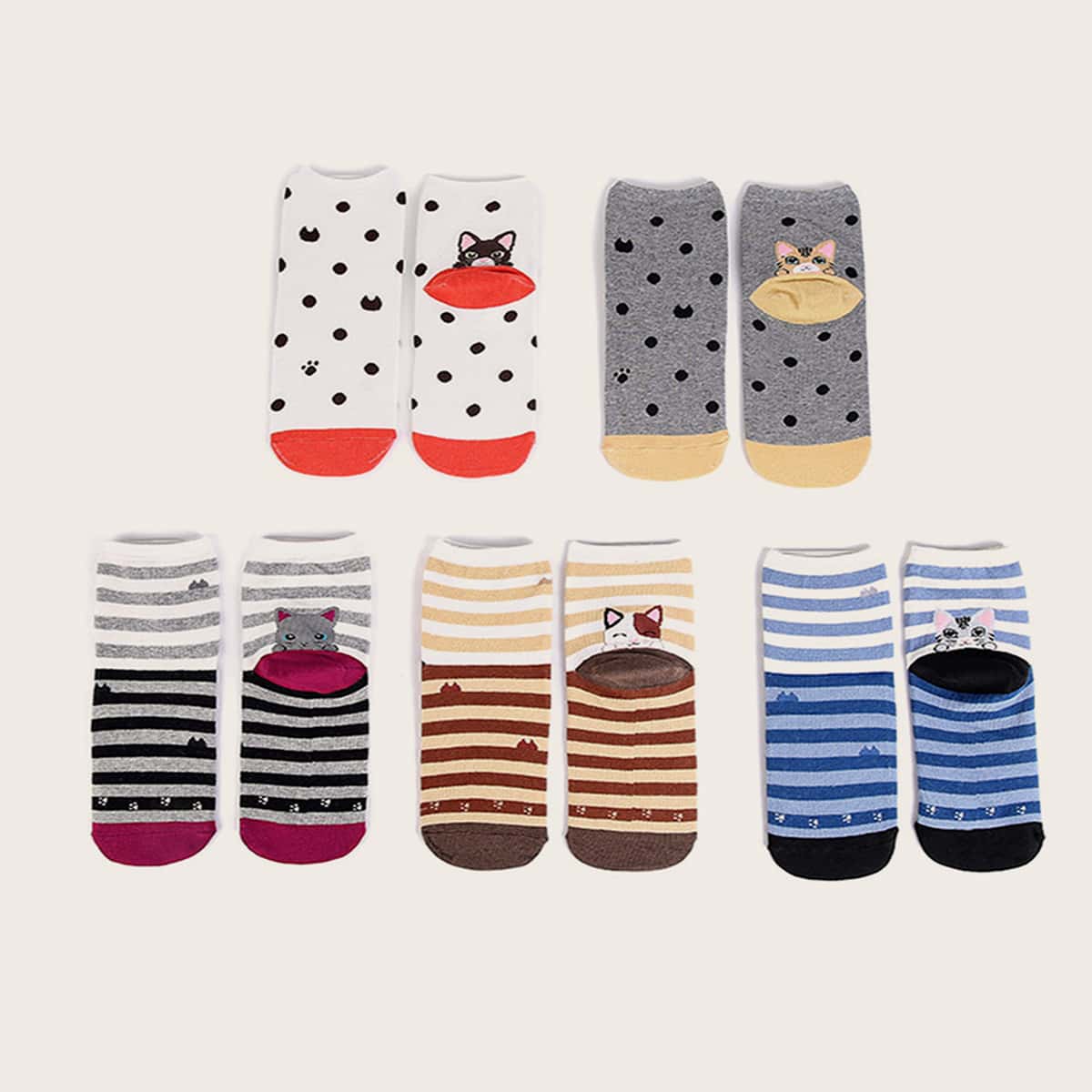 

5pairs Cartoon Cat Pattern Socks, Multicolor