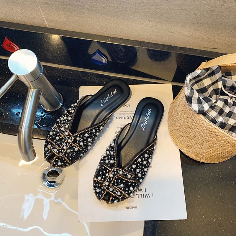 

Faux Pearl Buckle Flat Mules, Black and white