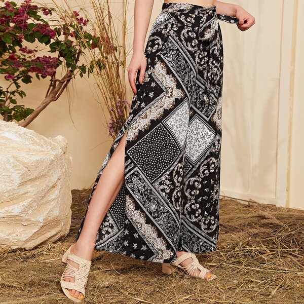

Scarf Print Self Belted Split Side Wide Leg Pants, Multicolor
