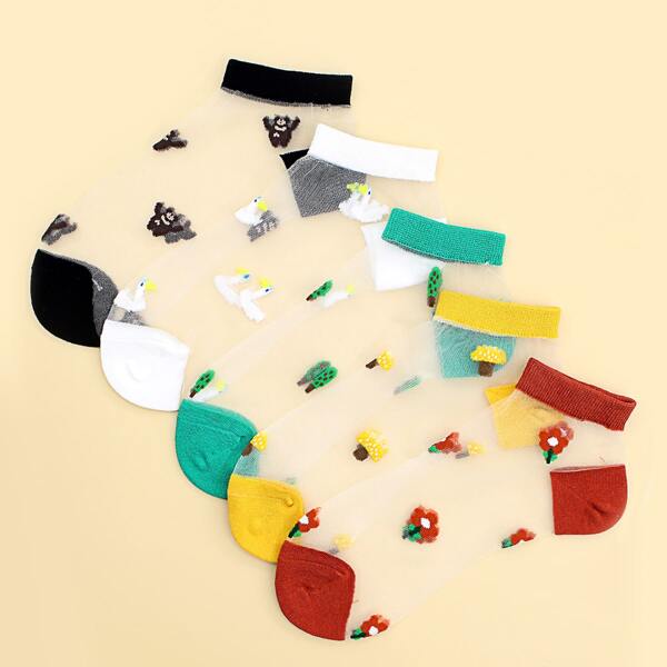 

5pairs Clear Flower Embroidered Socks, Multicolor