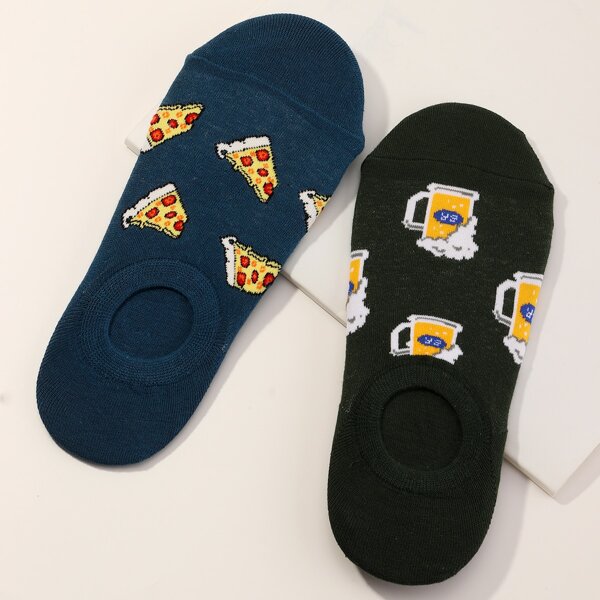 

2pairs Men Beer & Pizza Pattern Socks, Black