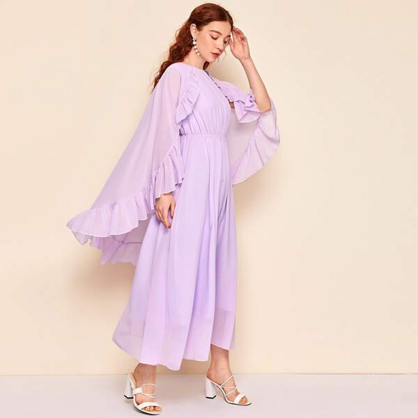 

Solid Dress With Ruffle Trim Cape, Lilac purple