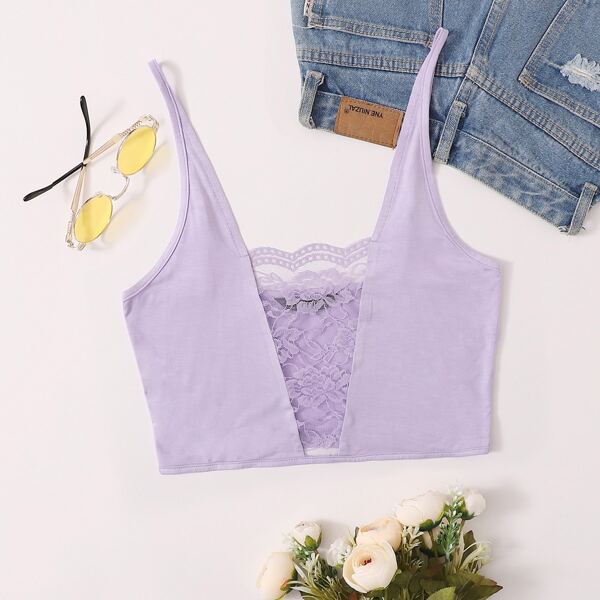 

Lace Insert Crop Cami Top, Lilac purple