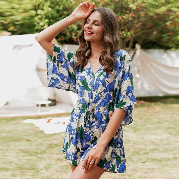 

Button Front Tie Waist Floral Romper, Multicolor