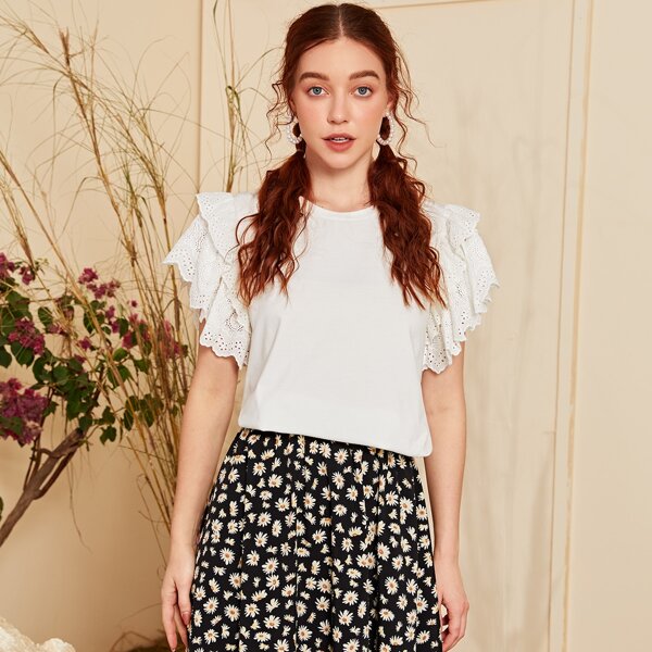 

Layered Eyelet Embroidered Sleeve Top, White