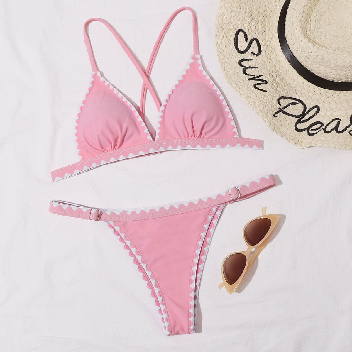 

Whip Stitch Triangle Thong Bikini Swimsuit, Baby pink