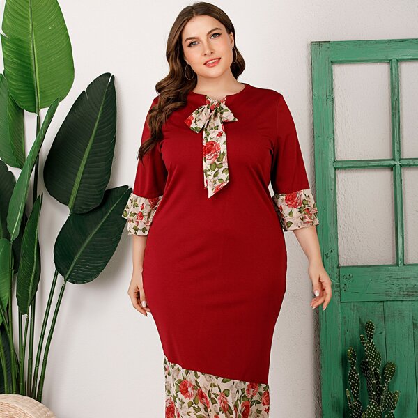 

Plus Tie Neck Contrast Floral Ruffle Hem Fitted Dress, Burgundy