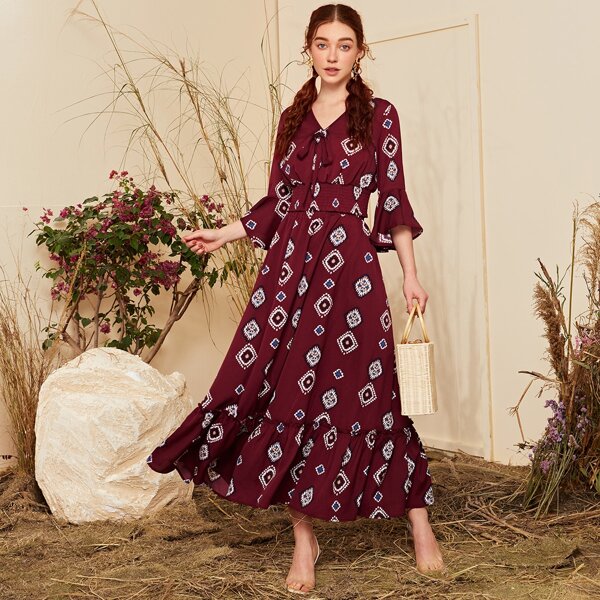 

Tie Front Bell Sleeve Shirred Wide Hem Top and Skirt Set, Maroon
