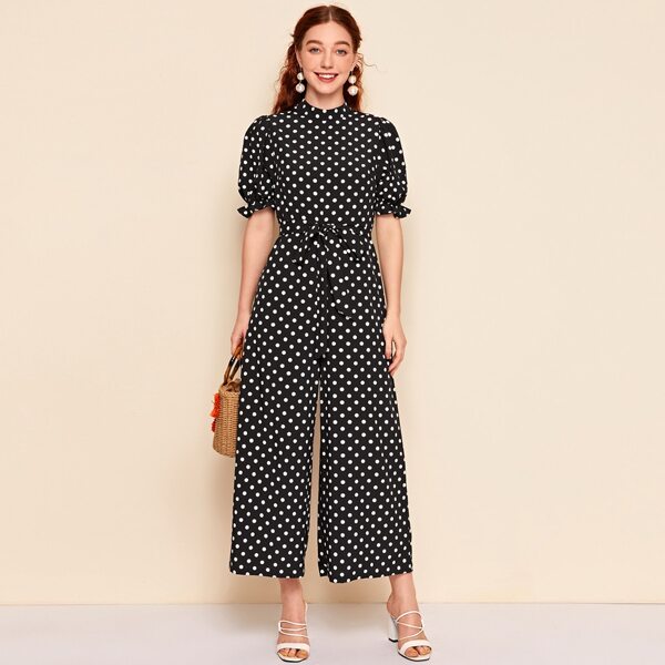 

Ruffle Cuff Puff Sleeve Wide Leg Self Belted Jumpsuit, Black