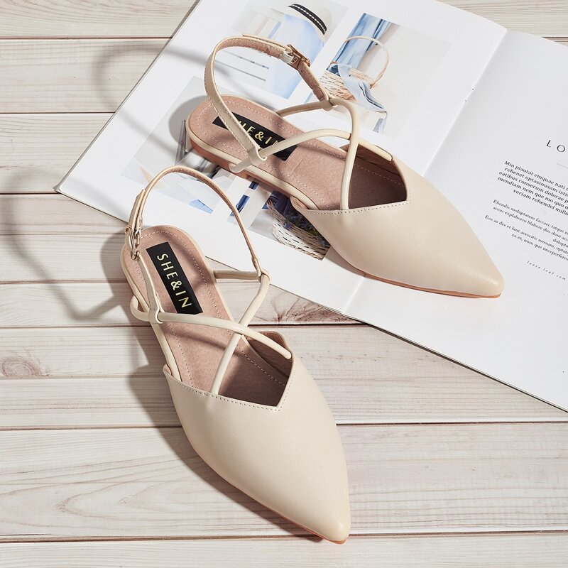 

Point Toe Cross Strap Flats, Beige