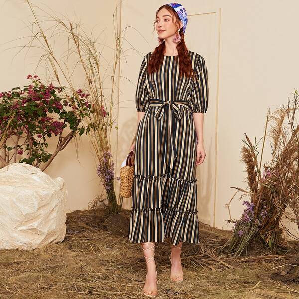 

Self Belted Tiered Striped Dress, Multicolor