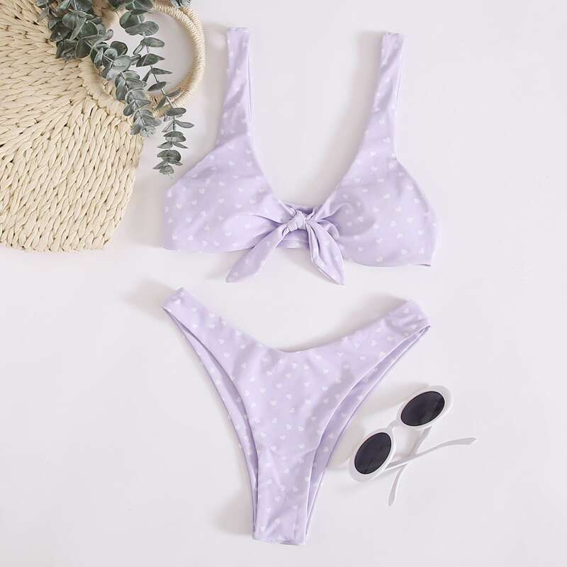 

Heart Print Knot Front High Cut Bikini Swimsuit, Lilac purple