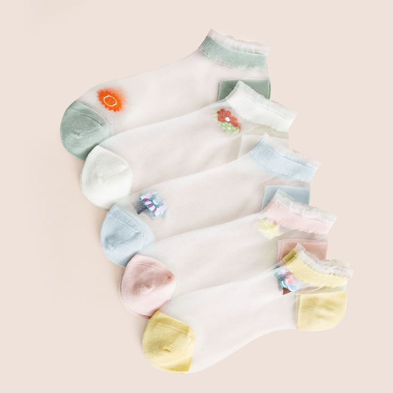 

5pairs Floral Embroidered Socks, Multicolor