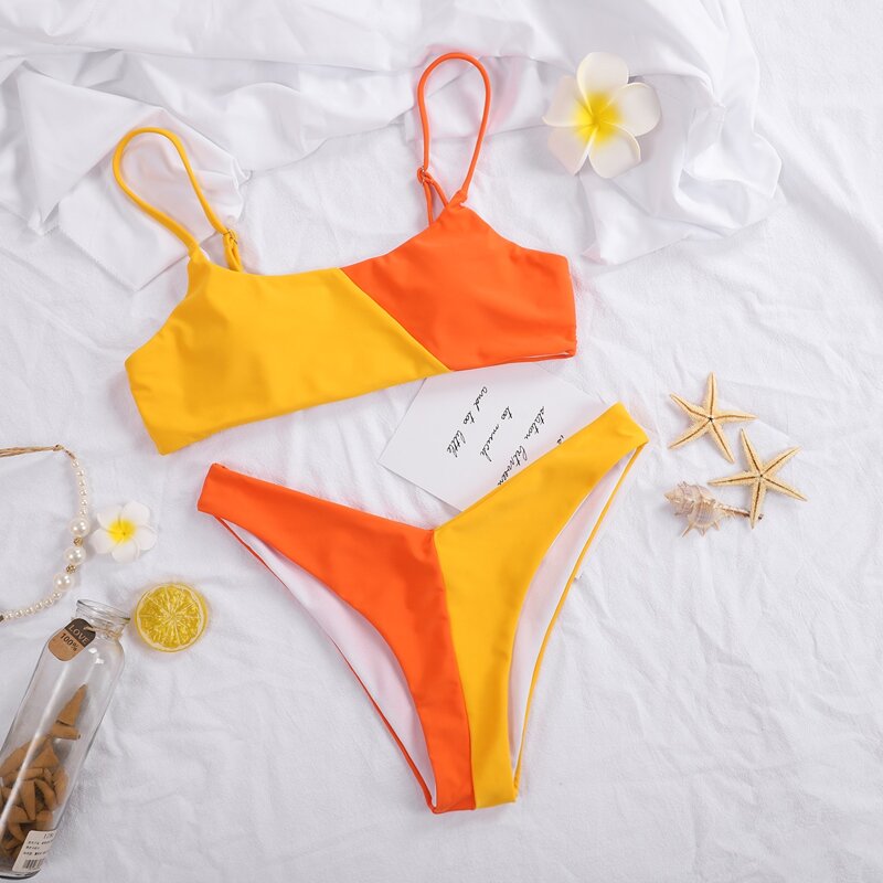 

Color Block High Cut Bikini Swimsuit, Multicolor