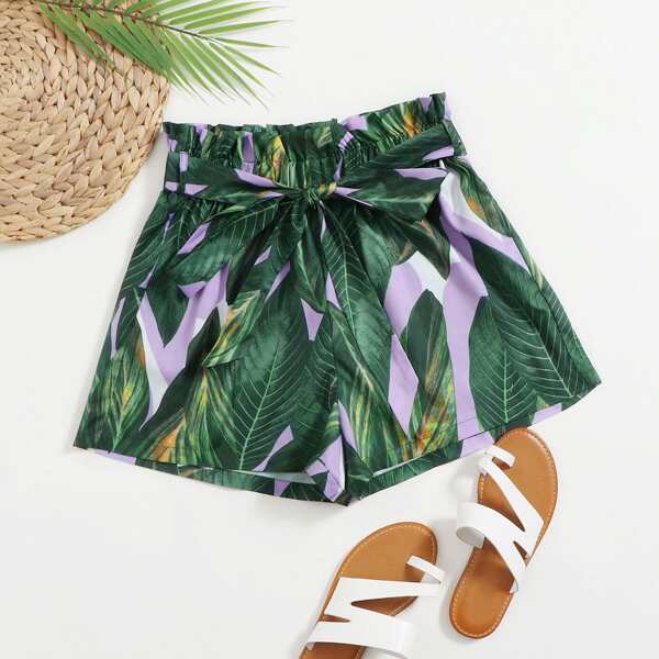 

Paperbag Waist Belted Tropical Print Shorts, Multicolor