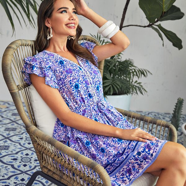 

Button Front Floral Print Layered Ruffle Dress, Violet purple