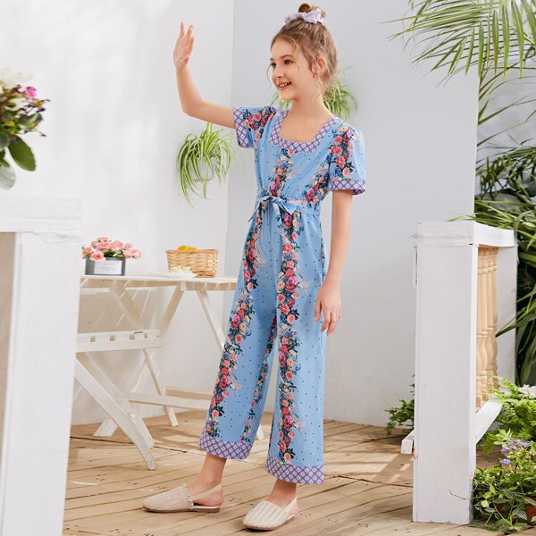 

Girls Floral Print Belted Jumpsuit, Baby blue