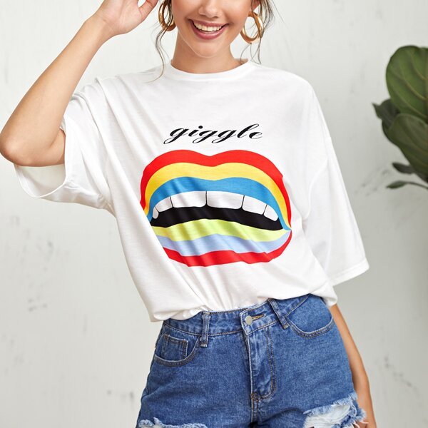 

Letter and Lip Print Drop Shoulder Oversized Tee, White